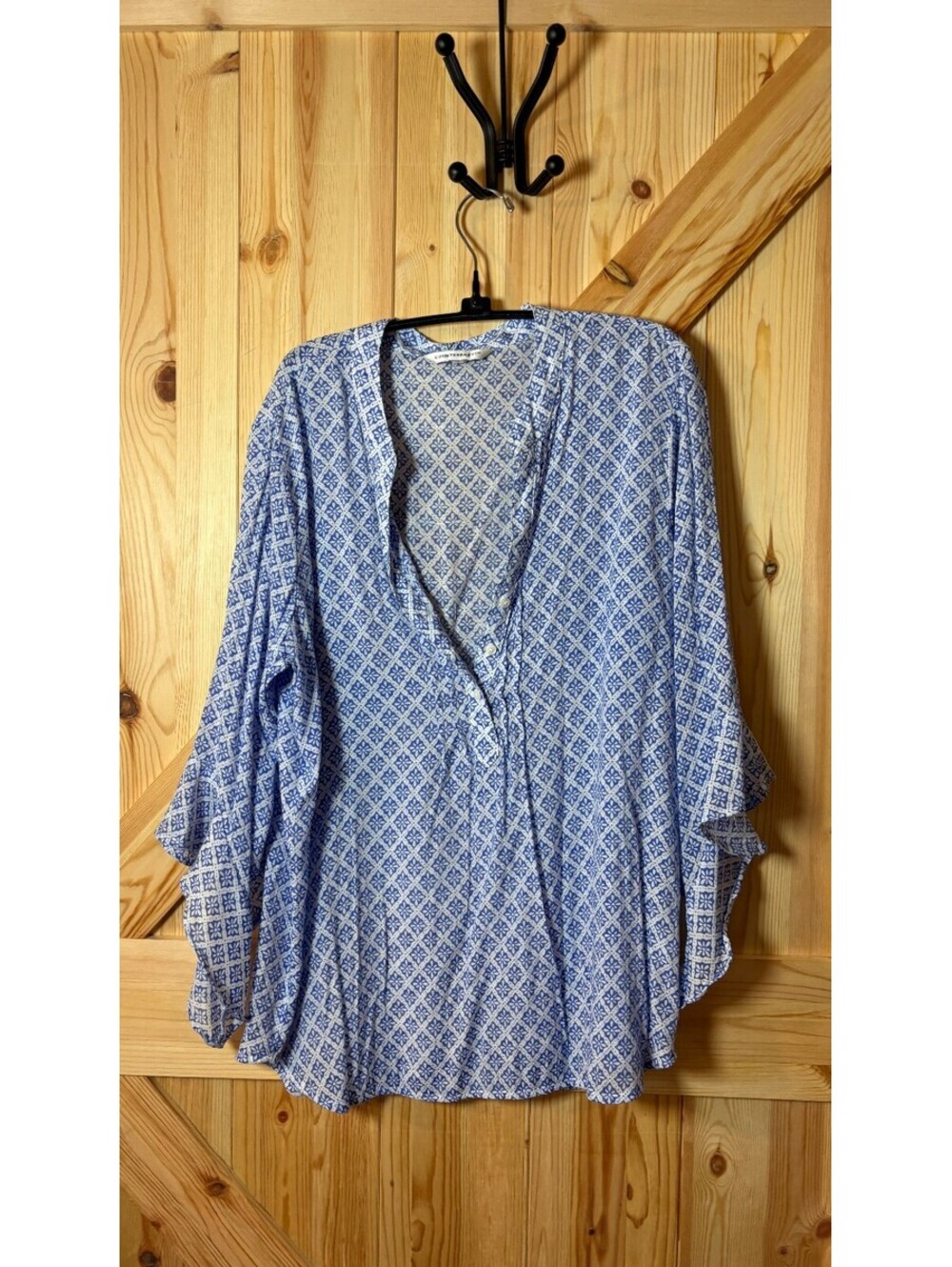 Counterparts Blue and White Patterned Button-Up Blouse